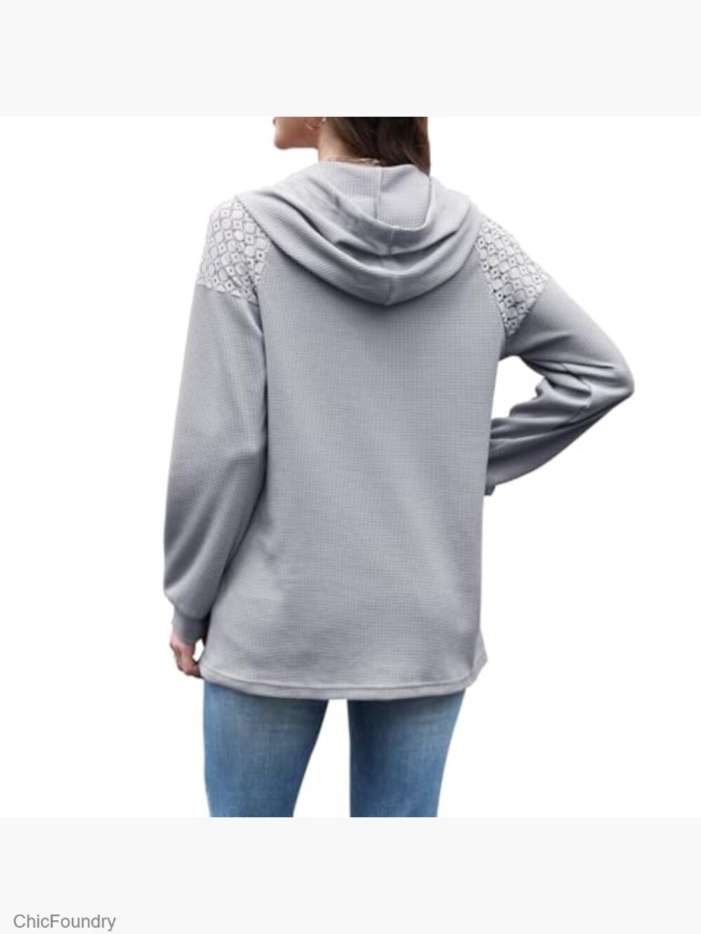 Waffle Knit Hoodie Oversized Pullover Lace Sleeve Casual Sweatshirt - Picture 5 of 7